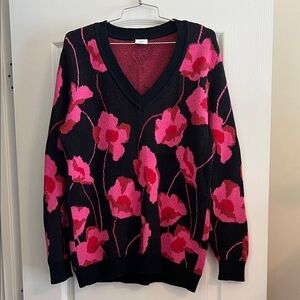 CAbi Black and Pink Floral V-Neck Sweater